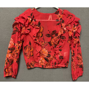Truth NYC Blouse Womens Small Red Floral Ruffle Long Sleeve Sheer Top Boho Chic